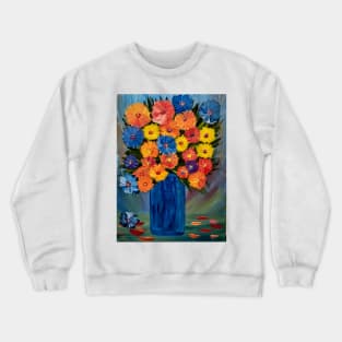 A beautiful bouquet of mixed flowers in a glass and gold vase . Using my favorite colors as vibrant background Crewneck Sweatshirt